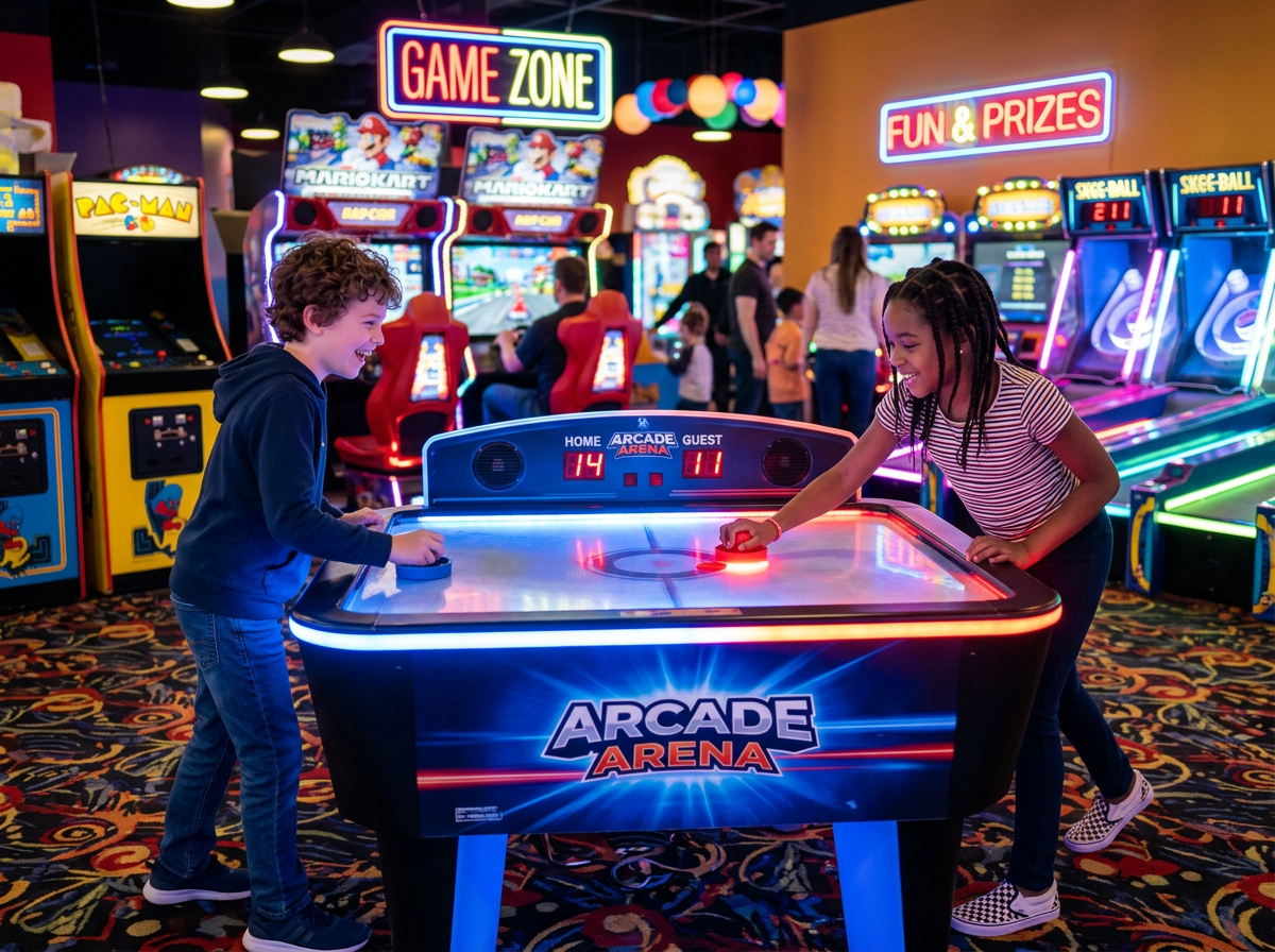 Niños jugando air hockey en JuegoFamilia